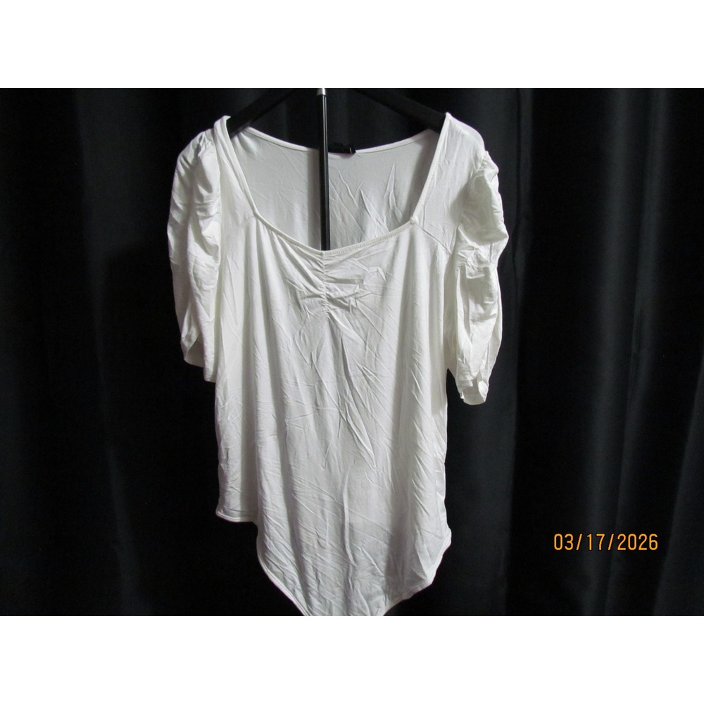 White Puffed Sleeve Sweetheart Neckline Ruched Bodysuit Womens Short Sleeve Top‎